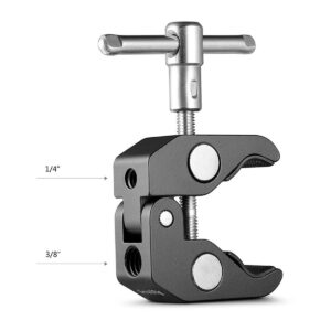 SmallRig-2058-2 SmallRig 2058 Super Clamp -puristimessa, jossa on 1/4" ja 3/8" kierre, on T-kahvallinen ruuvi ja kaksi leukaa, jotka ovat ihanteelliset esineiden kiinnittämiseen tai paikallaan pitämiseen.