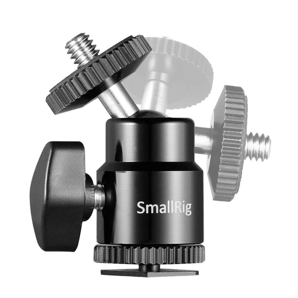 SmallRig-2059-3 SmallRig 2059 Camera Cold Shoe Ballhead 1/4 "SC - 2 kpl -kuulapäässä on kuvassa säädettävät nupit, metalliset kääntyvät päät useissa eri asennoissa, kiinnitysruuvit ja sivulle painettu SmallRig-brändi.