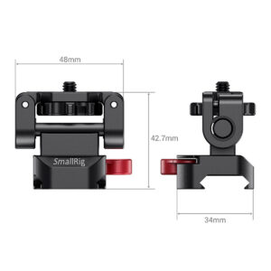 SmallRig-2100-2 SmallRig 2100 Monitor Holder w/ NATO Clamp on esitetty edestä ja sivulta, ja siinä on merkitty mitat: 48 mm leveä, 34 mm syvä ja 42,7 mm korkea. Siinä on musta viimeistely ja punaiset säätönupit.