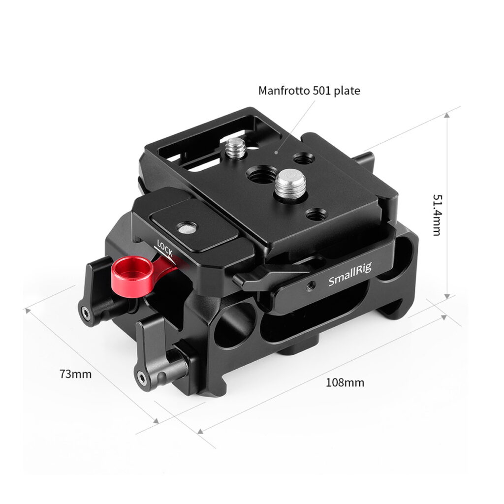 SmallRig-2266-3 Mustassa SmallRig 2266 -levyssä BMDPCC 4K/6K:lle (Manfrotto 501) on lukitusmekanismi ja tarkat mitat: 73 mm leveä, 108 mm pitkä ja 51,4 mm korkea.