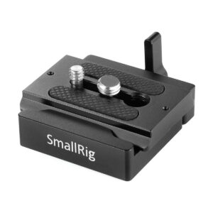 SmallRig-2280 SmallRig 2280 QR Clamp & Plate Arca on musta metallinen pikakiinnityslevy, jossa on kuvioitu kahva, kaksi kiinnitysruuvia ja sivuvipu ja joka on suunniteltu kameroiden kiinnittämiseen kolmijalkaan tai vakaajaan.