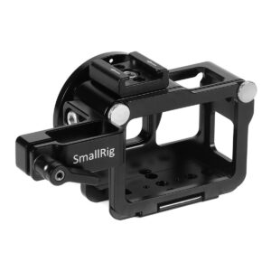 SmallRig-2320-2 SmallRig 2320 Cage for GoPro Hero 7/6/5 Black on musta metallinen kamerahäkki, jossa on useita kiinnityspisteitä ja pyöreä kiinnityslevy, joka tarjoaa tukea ja lisävarusteita GoPro-kameroille.