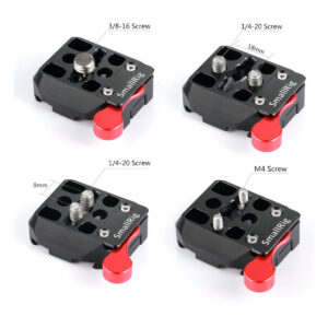 SmallRig-2323-5 Neljä näkymää SmallRig 2323 QR Clamp for Nucleus-Nano Controller -laitteesta, jossa näkyvät merkityt ja mitatut ruuvit (3/8-16, 1/4-20, M4), yhteensopivuus eri vaihteiden kanssa ja punainen lukitusvipu.