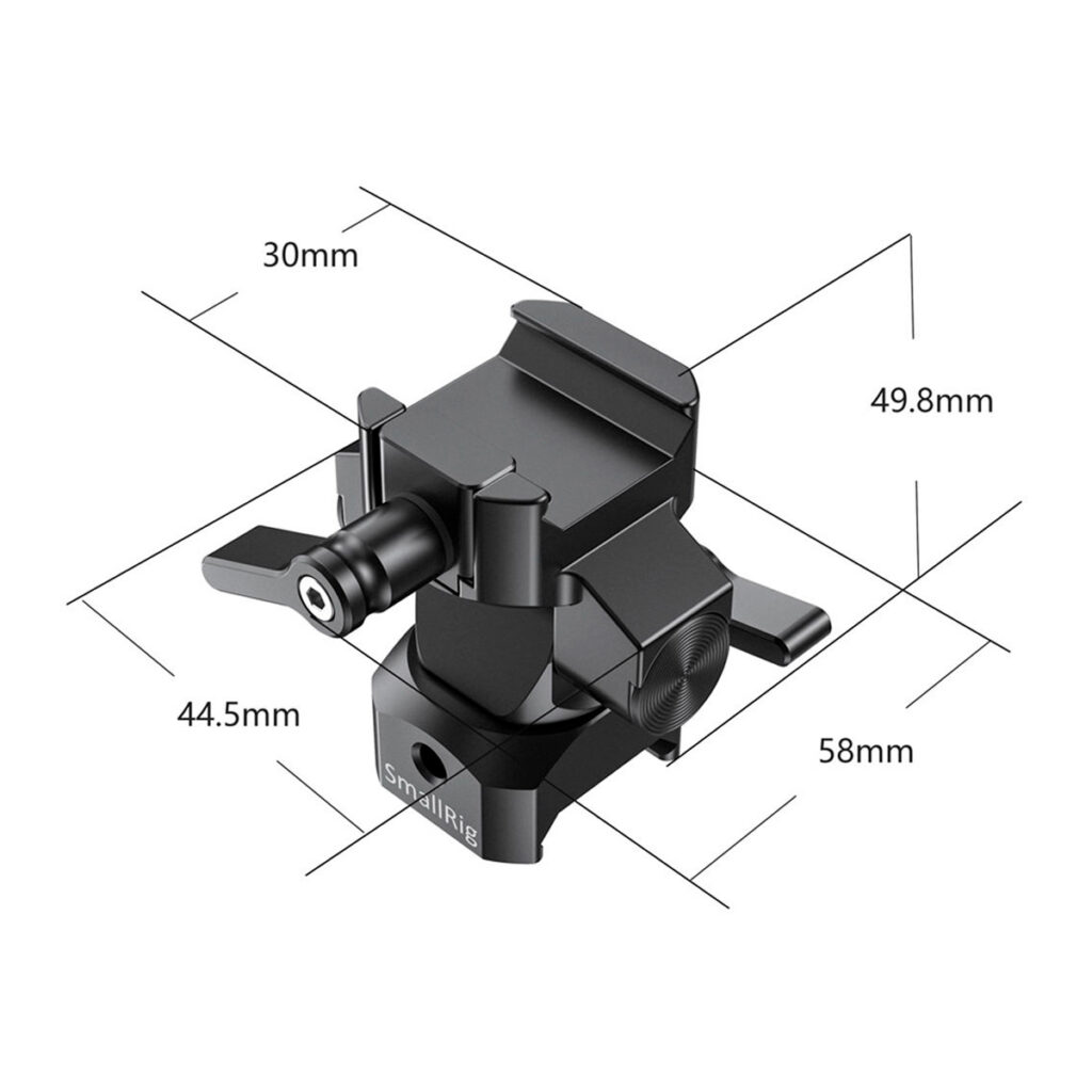 SmallRig-2385-3 SmallRig 2385 Swivel & Tilt Mount with NATO Clamp, kuvassa mustana, sisältää säätönupit ja kiinnitysvaihtoehdot, joissa on merkitty mitat: Korkeus 30 mm, syvyys 49,8 mm, leveys 44,5 mm ja pohjan pituus 58 mm.