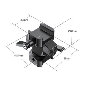 SmallRig-2385-3 SmallRig 2385 Swivel & Tilt Mount with NATO Clamp, kuvassa mustana, sisältää säätönupit ja kiinnitysvaihtoehdot, joissa on merkitty mitat: Korkeus 30 mm, syvyys 49,8 mm, leveys 44,5 mm ja pohjan pituus 58 mm.
