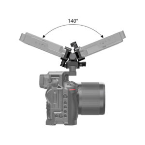 SmallRig-2385-4 SmallRig 2385 Swivel & Tilt Mount with Nato Clamp on kuvassa kameraan kiinnitettynä, ja sen päällä on laite, joka kallistuu ylös ja alas ja jonka 140 asteen säädettävä kulma on merkitty nuolilla.