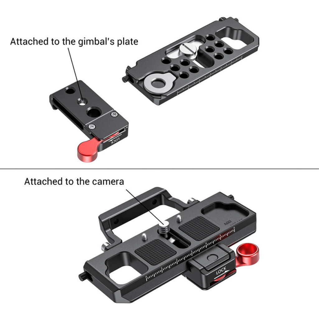 SmallRig 2403 Offset Kit BMPCC 4K/6K:lle ja Ronin S:lle sisältää ylälevyn, jossa on merkintä "Kiinnitetty kardaanilevyyn" ja useita reikiä, sekä alalevyn, jossa on merkintä "Kiinnitetty kameraan" ja jossa on pehmustekahvat, lukitusvipu ja säätöaukko.