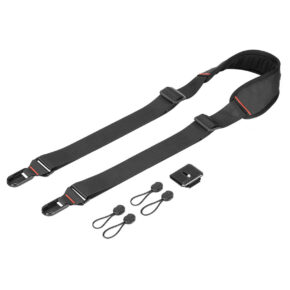 SmallRig-2428 The SmallRig 2428 Camera Shoulder Strap is a black strap with red accents, adjustable buckles, quick release buckles and four small black anchor loops on a white background.