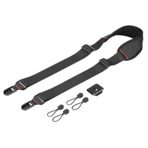 SmallRig-2428 SmallRig 2428 Camera Shoulder Strap -kamerahihna on musta hihna, jossa on punaiset korostukset, säädettävät soljet, pikakiinnikkeet ja neljä pientä mustaa ankkurilenkkiä valkoisella pohjalla.