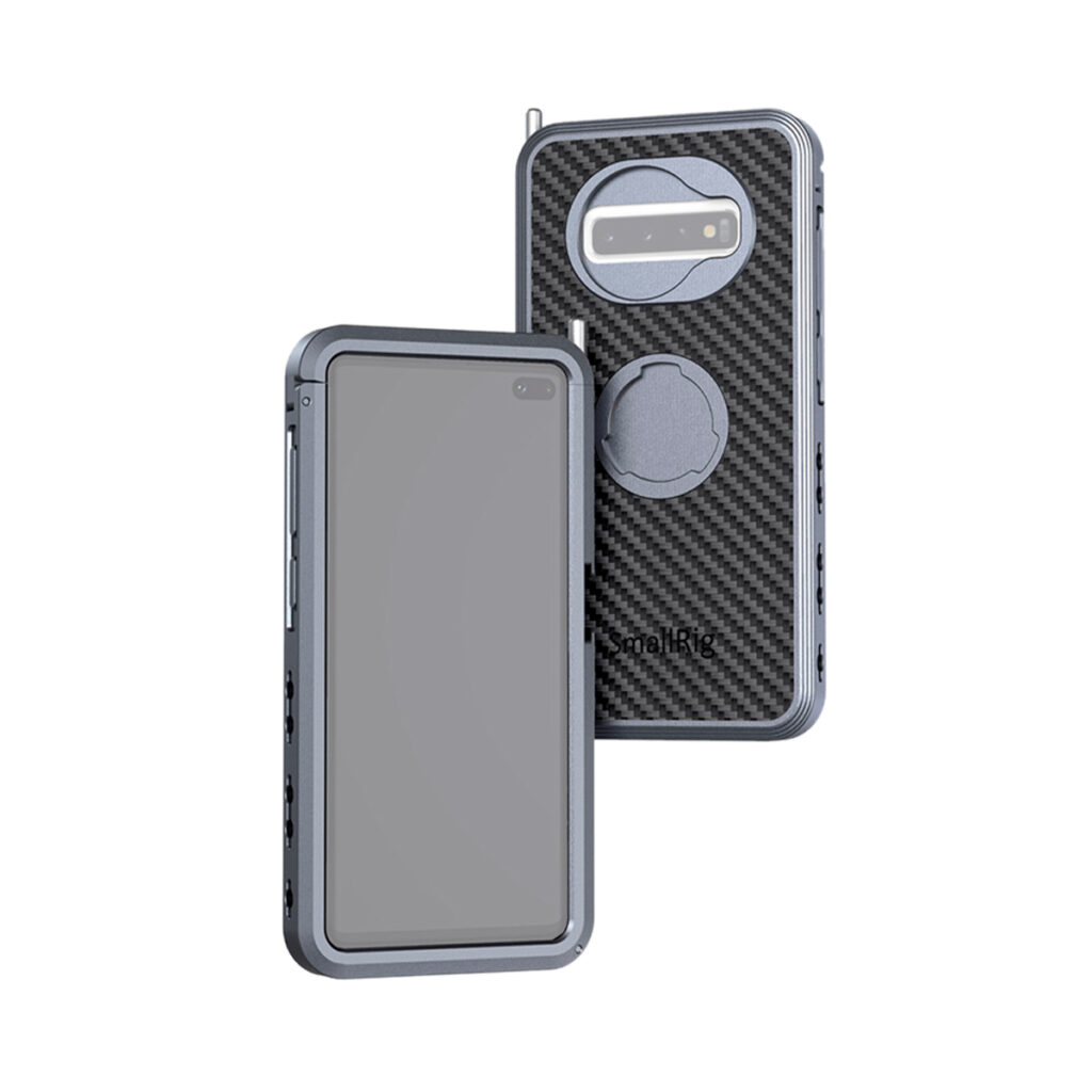 SmallRig-2441 SmallRig 2441 Pro Mobile Cage for Samsung S10+ -mobiilihäkki näkyy edestä ja takaa, ja siinä on karkeat metalliset reunat, hiilikuitukuvio ja keskeinen pyöreä kiinnike takana.