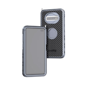 SmallRig-2441 The SmallRig 2441 Pro Mobile Cage for Samsung S10+ is visible from the front and back and features rough metal edges, a carbon fibre pattern and a central circular bracket on the back.