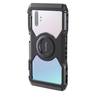 SmallRig-2454-2 Samsung Note 10+ SmallRig 2454 Pro Mobile Cage -mobiilihäkissä: musta, kestävä kotelo, jossa on vahvistetut kulmat, tarkat aukot painikkeille ja portille sekä pyöreä kiinnike keskellä takana.