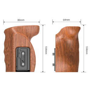 SmallRig-2457-4 SmallRig 2457 Wooden Grip w/ Quick Release for Z CAM E2 on esitetty etu- ja sivukuvista, ja siinä on ergonomiset urat, metalliset kiinnityslevyt ja mitat 104 mm korkea, 80 mm leveä (edessä) ja 64 mm leveä (sivulla).
