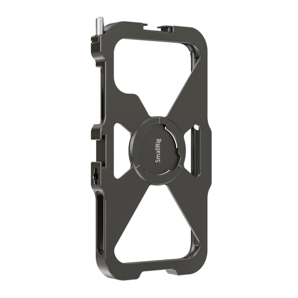SmallRig-2471-2 SmallRig 2471 Pro Mobile Cage iPhone 11 Pro -mobiilihäkki on metallinen avokehyksinen häkki, jossa on useita kiinnityspisteitä ja joka on suunniteltu pitämään iPhone 11 Pro -puhelinta turvallisesti ja varustamaan se valokuvausta tai videokuvausta varten.