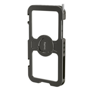SmallRig-2512-2 SmallRig 2512 Pro Mobile Cage for iPhone 11 Pro Max on musta metallinen kiinnike, jossa on avoimet sivut ja keskellä tuotemerkki ja joka on suunniteltu puhelimen kiinnittämiseen turvallisesti kameran lisävarusteisiin.