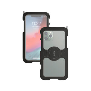SmallRig-2512 Kaksi iPhone 11 Pro Max -laitetta mustissa SmallRig 2512 Pro -mobiilihäkeissä; toisessa näkyy etupuoli, toisessa takapuoli, jossa on kameran aukot ja keskimmäinen kahva, jossa on merkintä "Simple".