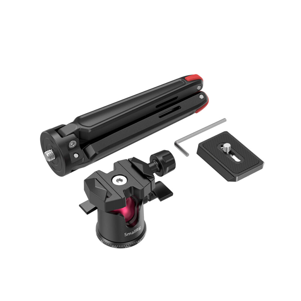 SmallRig-2664-4 SmallRig 2664 Tabletop Minitripod with panoramic ball head, quick release plate and hex wrench presented on a white background.