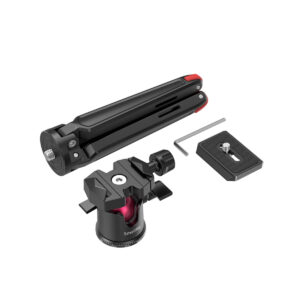 SmallRig-2664-4 SmallRig 2664 Tabletop Minitripod with panoramic ball head, quick release plate and hex wrench presented on a white background.