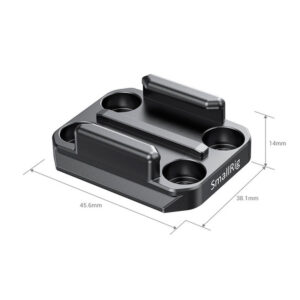 SmallRig-2668- Mustassa SmallRig 2668 Buckle Adapter with Arca QR Plate for GoPro -laitteessa on neljä ruuvinreikää, kaksi korotettua reunaa ja sen mitat ovat 45,6 mm leveä, 38,1 mm syvä ja 14 mm korkea.