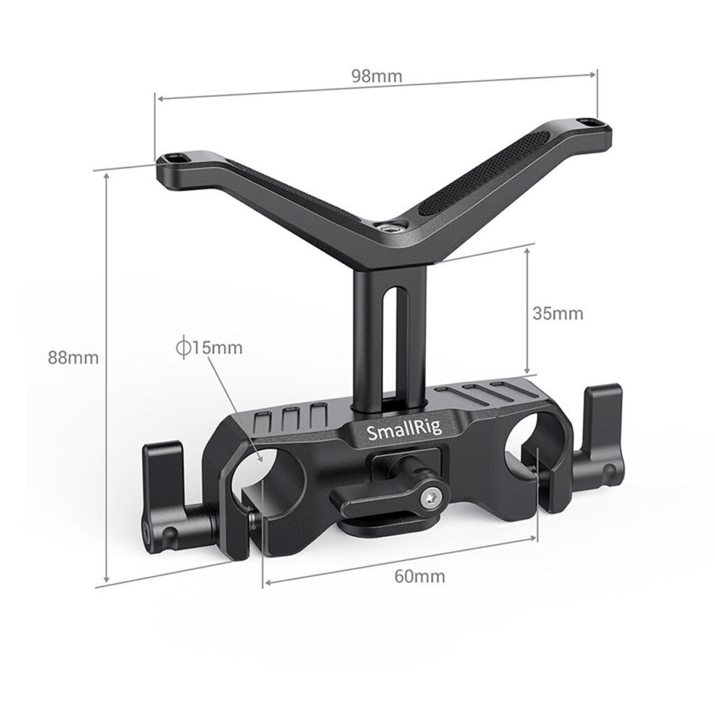 SmallRig-2680-3 SmallRig 2680 Universal Lens Support 15mm LWS on musta kameran lisävaruste, jossa on V-muotoinen yläosa, jonka mitat ovat 98mm leveä, 88mm korkea, 60mm pohjan leveys, halkaisijaltaan 15mm reiät, 35mm varren korkeus ja useita kiinnityspisteitä.