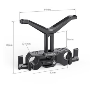 SmallRig-2680-3 SmallRig 2680 Universal Lens Support 15mm LWS on musta kameran lisävaruste, jossa on V-muotoinen yläosa, jonka mitat ovat 98mm leveä, 88mm korkea, 60mm pohjan leveys, halkaisijaltaan 15mm reiät, 35mm varren korkeus ja useita kiinnityspisteitä.