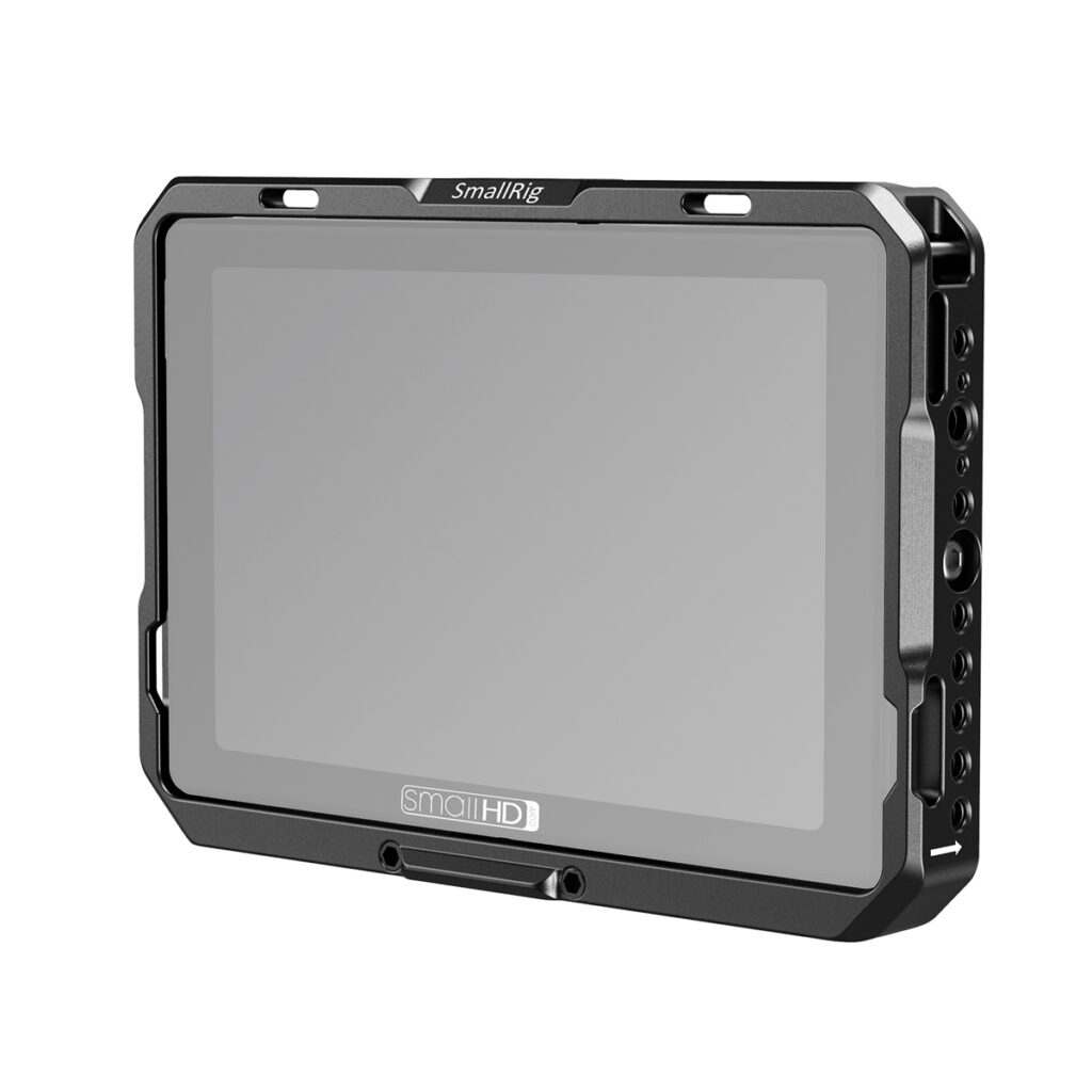 SmallRig-2684 SmallRig 2684 -monitorihäkki, jossa on aurinkohuppu SmallHD 702:lle, musta, kestävä runko, useita sivukiinnitysreikiä ja tuotemerkki tyhjän näytön ylä- ja alareunassa.
