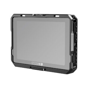 SmallRig-2684 SmallRig 2684 -monitorihäkki, jossa on aurinkohuppu SmallHD 702:lle, musta, kestävä runko, useita sivukiinnitysreikiä ja tuotemerkki tyhjän näytön ylä- ja alareunassa.