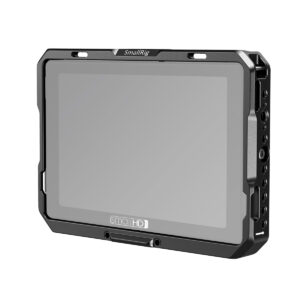 SmallRig-2684 SmallRig 2684 -monitorihäkki, jossa on aurinkohuppu SmallHD 702:lle, musta, kestävä runko, useita sivukiinnitysreikiä ja tuotemerkki tyhjän näytön ylä- ja alareunassa.