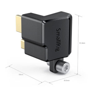 SmallRig-2700-3 SmallRig 2700 HDMI & USB Type-C Right Angle Adapter for BMPCC 4K/6K, musta, kultaisilla liittimillä ja merkinnällä SmallRig, on kuvassa mittojen kanssa: 51,4 mm korkeus, 39 mm leveys ja 30,5 mm syvyys.