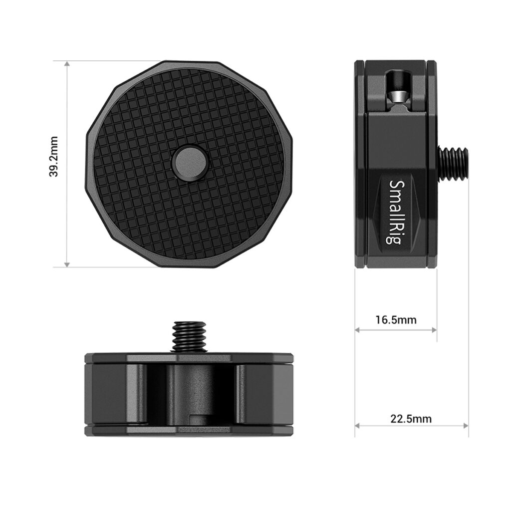 SmallRig-2714-4 Tuotekuva, jossa on kolme näkymää SmallRig 2714 Quick Release Adapter Universal -laitteesta ja mitat: 39,2 mm halkaisija, 16,5 mm paksuus ja 22,5 mm leveys. Siinä on kuvioitu päällinen ja keskeinen ruuvikiinnitys.