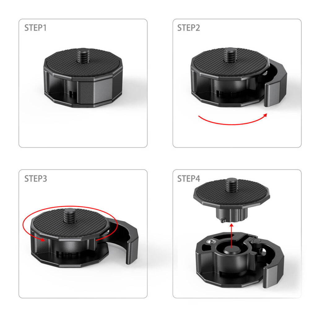 SmallRig-2714-5 Nelivaiheinen kaavio SmallRig 2714 Quick Release Adapter Universalin käytöstä: kohdista levy, käännä sivuvipua, käännä ylälevyä ja nosta levy pois. Punaiset nuolet osoittavat pyörimissuunnat.