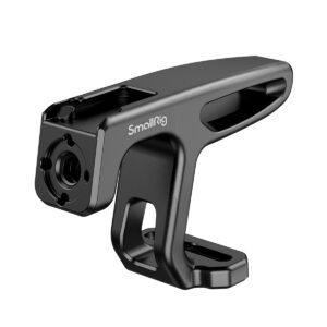 SmallRig-2756 The SmallRig 2756 Mini Top Handle for lightweight cameras is a black metal accessory with a modern design and multiple cut-outs and attachment points for equipment.