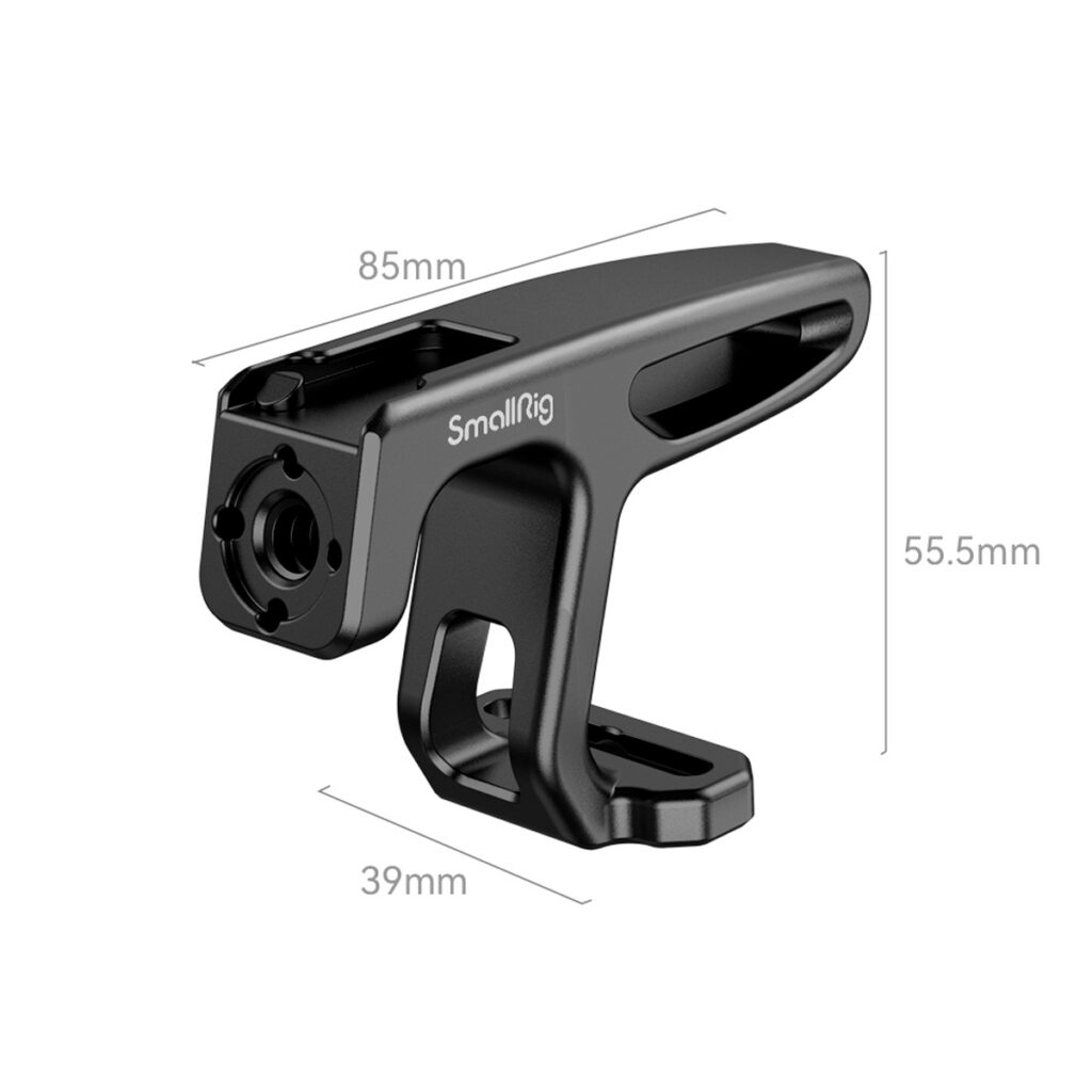 SmallRig-2756-4 The SmallRig 2756 Mini Top Handle for lightweight cameras is shown in black and has the following dimensions: length 85 mm, width 39 mm and height 55.5 mm. The handle has an angled, open-frame design.