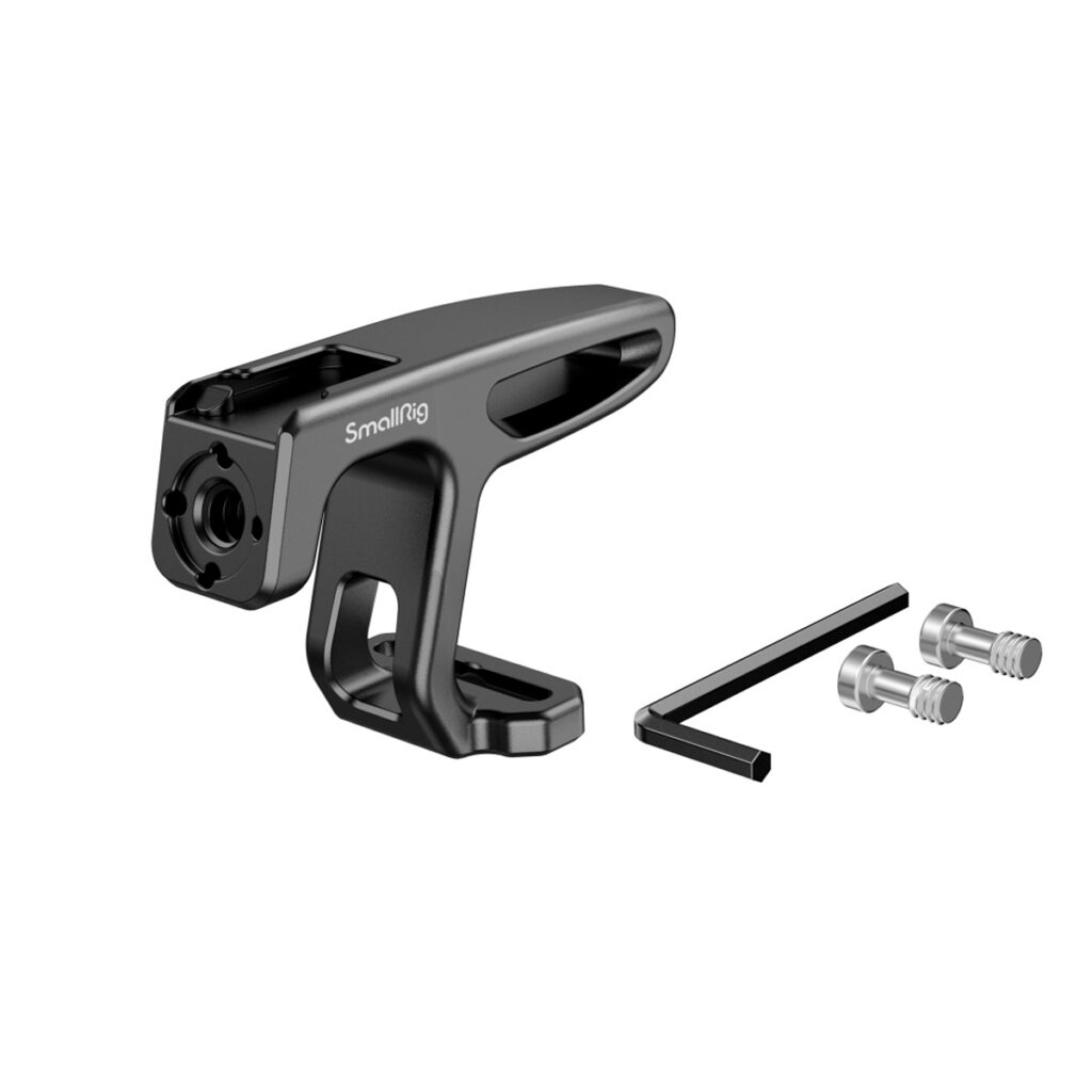 SmallRig-2756-5 SmallRig 2756 Mini Top Handle for Lightweight Cameras, pictured in black with mounting bracket, includes hex key and two silver screws with white background.