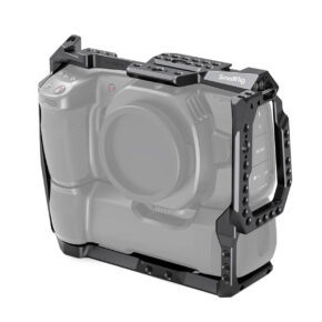 SmallRig-2765 The SmallRig 2765 Cage for BMPCC 4K/6K with Battery Grip encases your digital camera and provides mounting points and a protective frame for accessories. The camera is shown partially transparent to highlight the design of the cage.