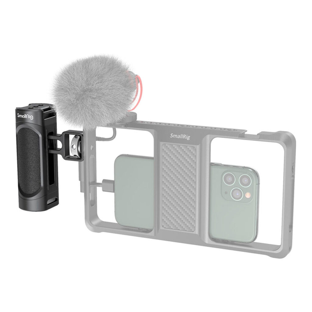 SmallRig-2772-2 Smartphone in SmallRig cradle with fuzzy microphone and attached SmallRig 2772 Lightweight Side Handle for Smartphone Cage, designed for mobile video or vlogging.