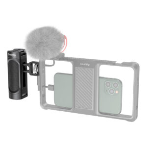 SmallRig-2772-2 Smartphone in SmallRig cradle with fuzzy microphone and attached SmallRig 2772 Lightweight Side Handle for Smartphone Cage, designed for mobile video or vlogging.
