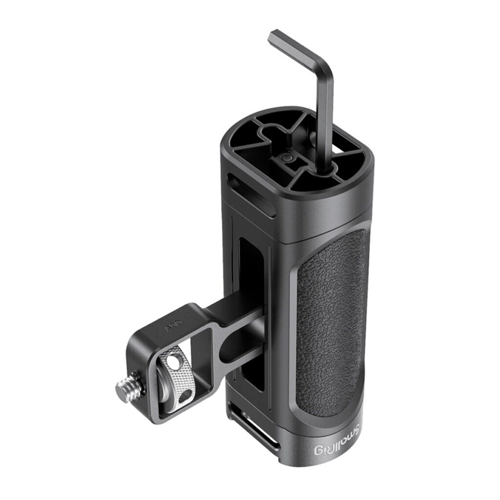 SmallRig-2772-3 The SmallRig 2772 Lightweight Side Handle for Smartphone Cage is a black, textured handle with a metal mounting bracket and hex key at the top, designed for handheld shooting and easy attachment to a camera cage.