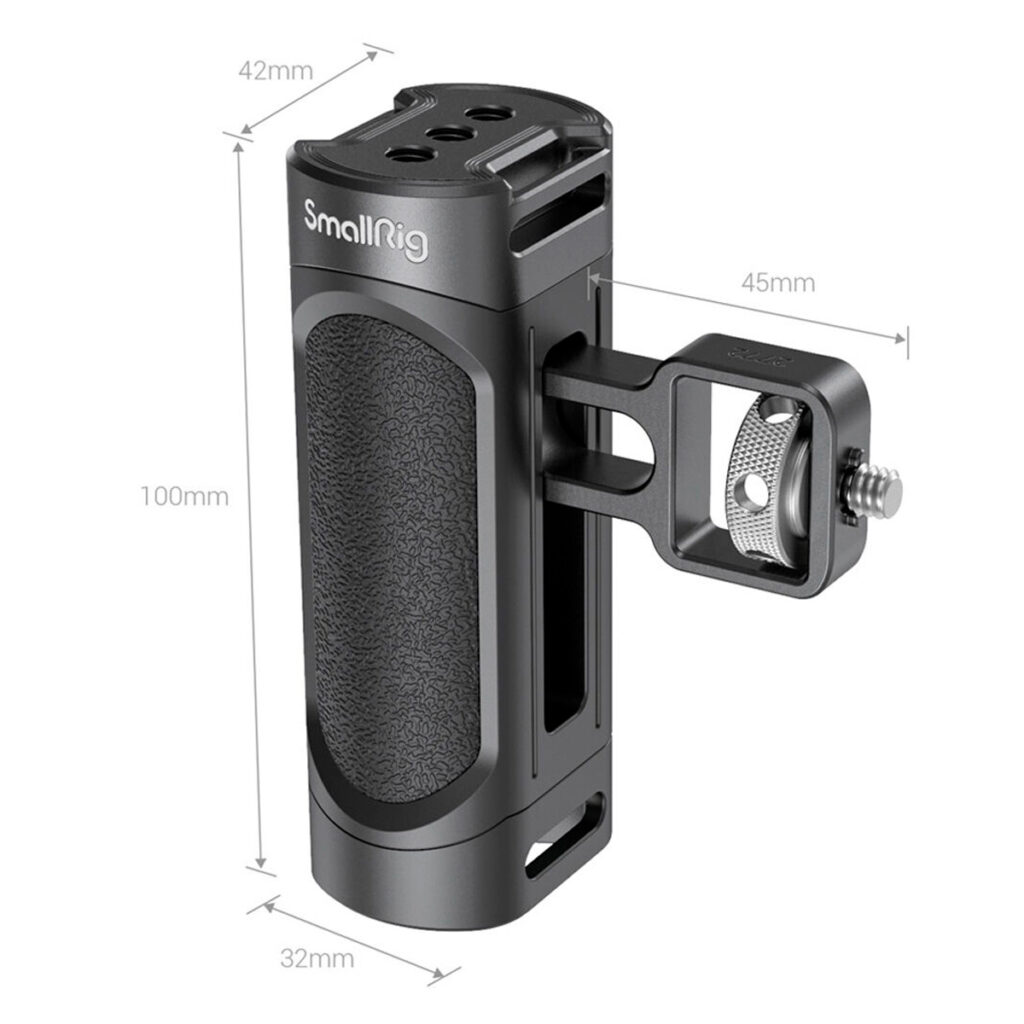 SmallRig-2772-4 The SmallRig 2772 Lightweight Side Handle for Smartphone Cage is black with a textured handle, 100 mm high, 45 mm wide, 32 mm deep and has a metal side mount.