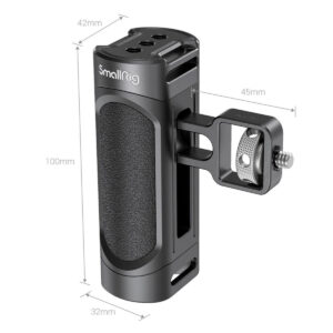 SmallRig-2772-4 The SmallRig 2772 Lightweight Side Handle for Smartphone Cage is black with a textured handle, 100 mm high, 45 mm wide, 32 mm deep and has a metal side mount.