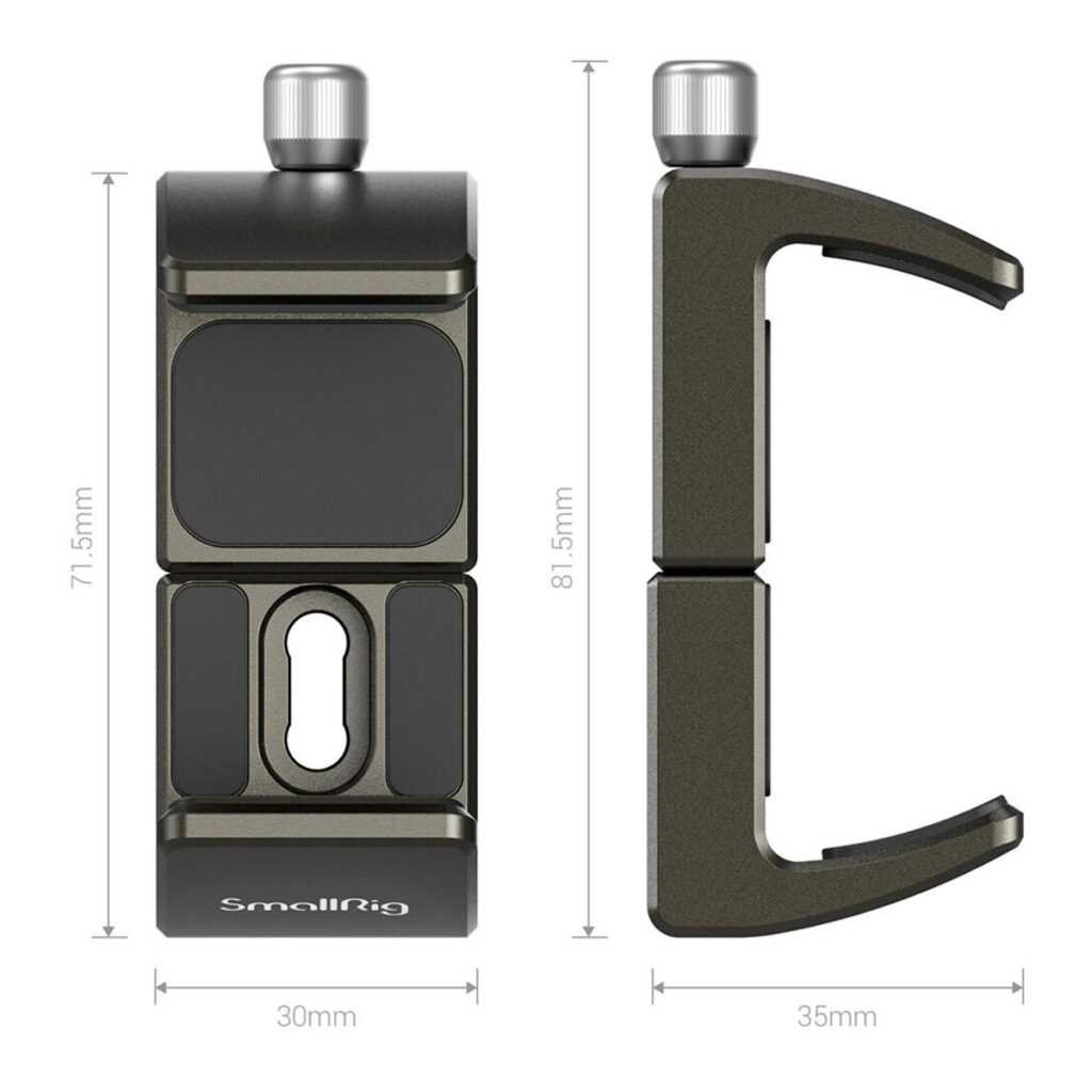 SmallRig-2790-3 SmallRig 2790 Universal Powerbank Holder on esitetty edestä (71,5 mm korkea, 30 mm leveä) ja sivulta (81,5 mm korkea, 35 mm leveä), ja siinä on merkitty mitat, kiinnitysnuppi ja keskeinen aukko.