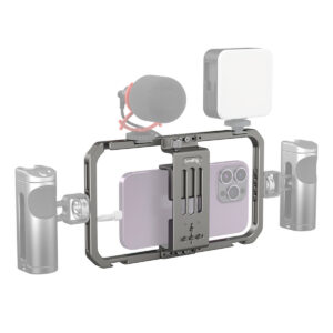 SmallRig-2791-2 SmallRig 2791 Universal Mobile Phone Cage on metallinen videoteline, jossa on kaksi sivukahvaa ja jossa on kiinnikkeet ulkoiselle mikrofonille vasemmalla ylhäällä ja LED-valolle oikealla ylhäällä, ihanteellinen mobiilivideotuotantoon.