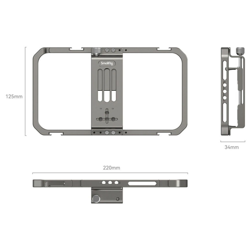SmallRig-2791-3 Tekninen kaavio SmallRig 2791 Universal Mobile Phone Cage -mallia, jonka mitat ovat 220 mm leveä, 125 mm korkea ja 34 mm syvä, ja jossa näkyvät etu-, sivu- ja ylänäkymät sekä näkyvät aukot, nupit ja kiinnityspisteet.