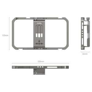 SmallRig-2791-3 Tekninen kaavio SmallRig 2791 Universal Mobile Phone Cage -mallia, jonka mitat ovat 220 mm leveä, 125 mm korkea ja 34 mm syvä, ja jossa näkyvät etu-, sivu- ja ylänäkymät sekä näkyvät aukot, nupit ja kiinnityspisteet.