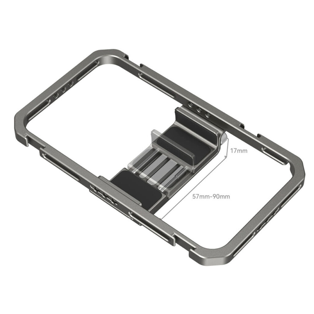 SmallRig-2791-5 SmallRig 2791 Universal Mobile Phone Cage on metallinen suorakulmainen säädettävä pidike, jossa on liukuva keskikahva ja jossa on merkityt mitat: Korkeus 17 mm ja leveys säädettävissä 57 mm:stä 90 mm:iin.