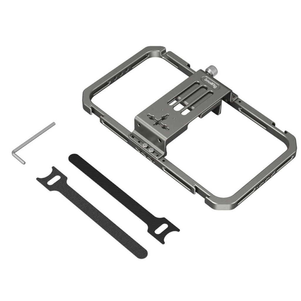 SmallRig-2791-6 SmallRig 2791 Universal Mobile Phone Cage -matkapuhelinhäkki, jossa on metallirunko säädettävällä asennuslevyllä, kaksi mustaa hihnaa ja pieni kuusiokoloavain, näkyy valkoisella pohjalla.