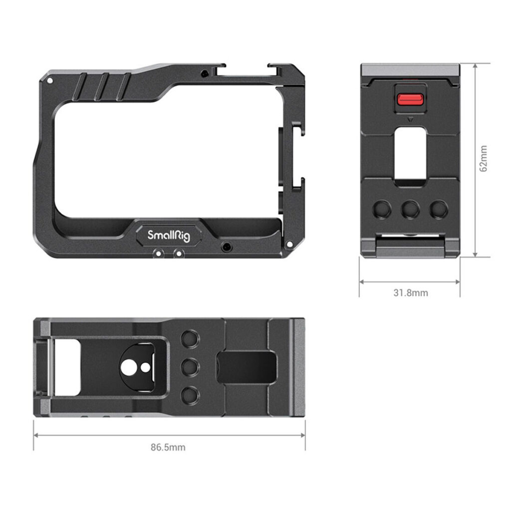SmallRig-2798-4 Kaavio SmallRig 2798 Vlogging Cage for Insta360 One R:n häkistä edestä, ylhäältä ja sivulta. Mitat ovat 62 mm korkea, 31,8 mm leveä ja 86,5 mm pitkä. Häkissä näkyy useita kiinnityspisteitä.