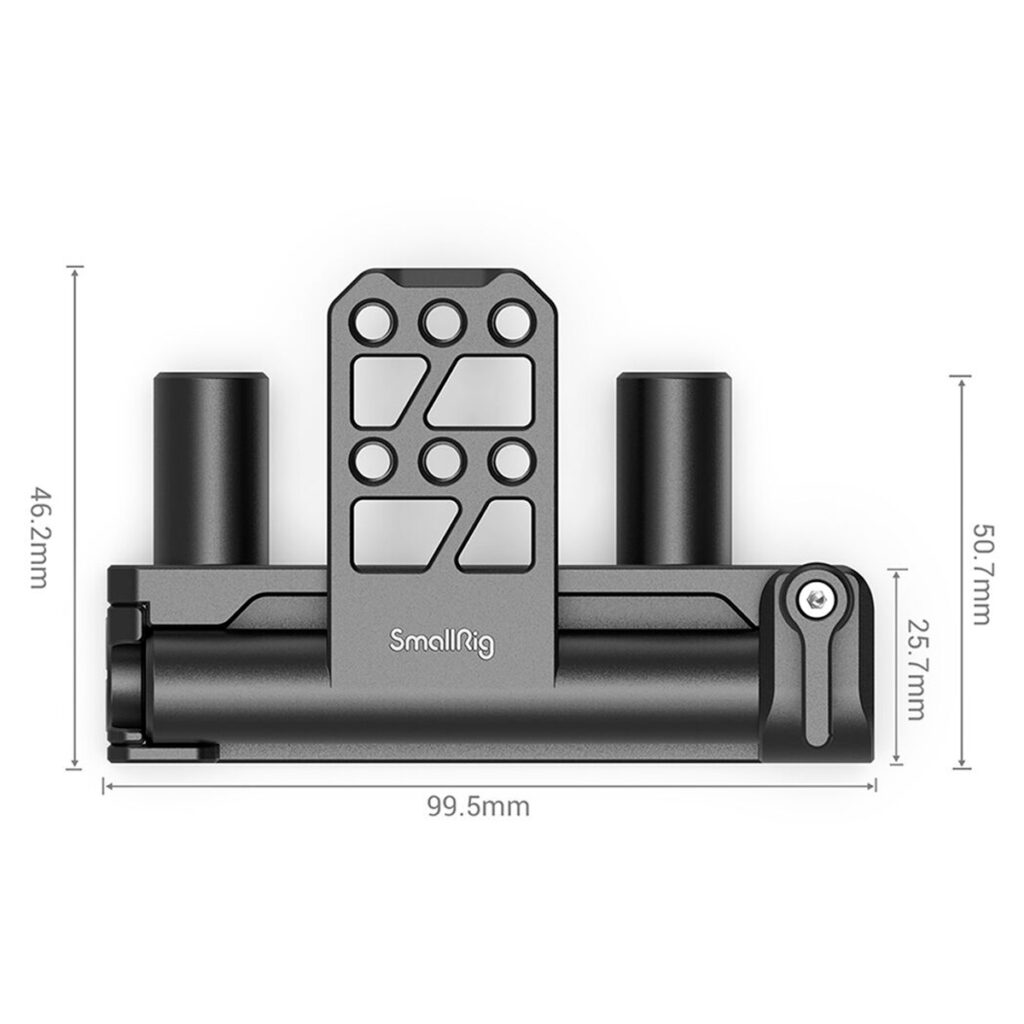 SmallRig-2802-2 SmallRig 2802 Dual 15mm Rod Battery Hinge on metallinen kameran lisävaruste, jossa on kiinnitysreiät, kaksi lieriömäistä pidikettä ja mitat: 50,7 mm ja keskikannattimen leveys 25,7 mm.