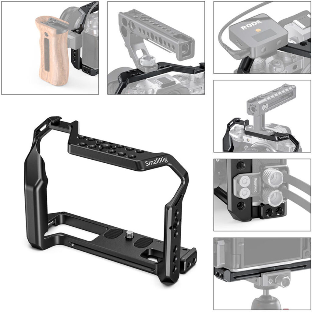 SmallRig-2808-4 Kollaasissa on keskellä SmallRig 2808 Cage for Fujifilm X-T4, jonka kiinnityspisteet, kiinnitetyt lisävarusteet, puinen kahva, RODE-mikrofoni ja kamera-asetelma sen ympärillä on esitetty lähikuvissa.