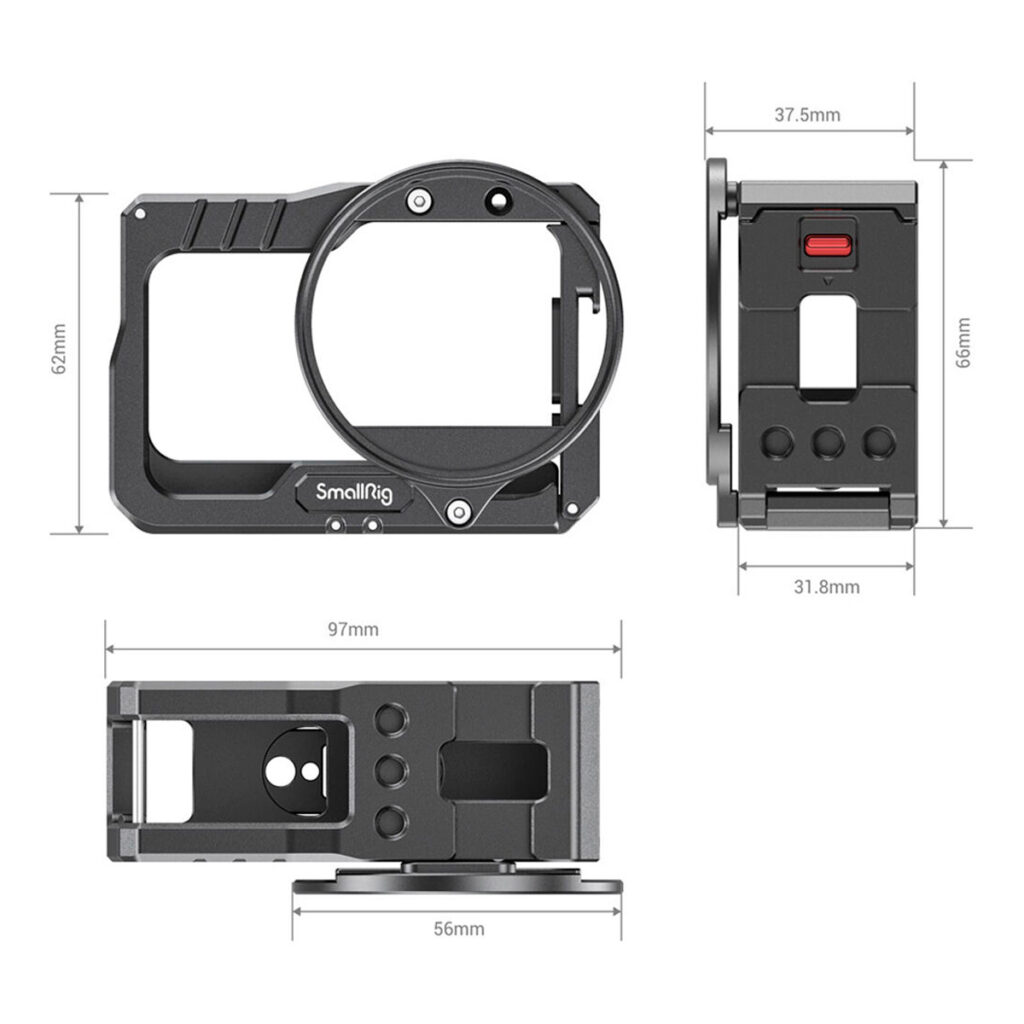 SmallRig-2901-5 SmallRig 2901 Vloggaushäkki suodinsovittimella Insta360 One R 4K:lle näkyy edestä, sivulta ja ylhäältä. Mitat: 97 mm leveä, 66/62 mm korkea, 56 mm syvä ja 37,5/31,8 mm pienemmille osille; erilaisia kiinnitysreikiä näkyvissä.